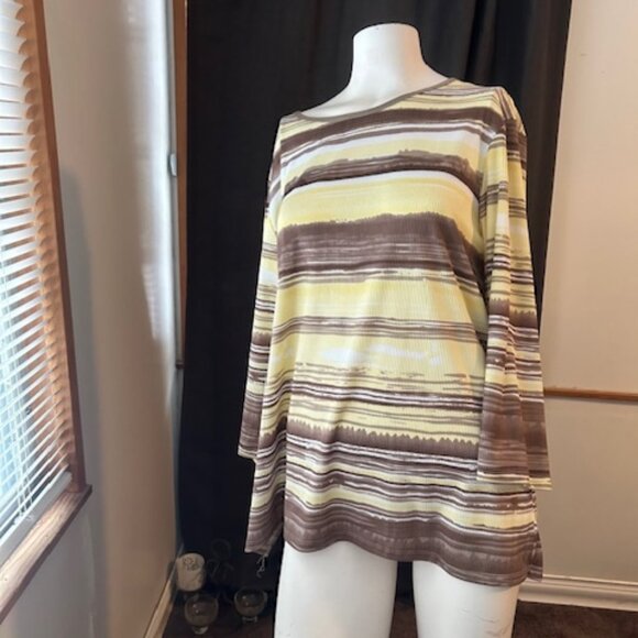 Allison Daley Yellow/Tan/Brown/White stripe 3/4 sleeve top, size 2X - Picture 1 of 5